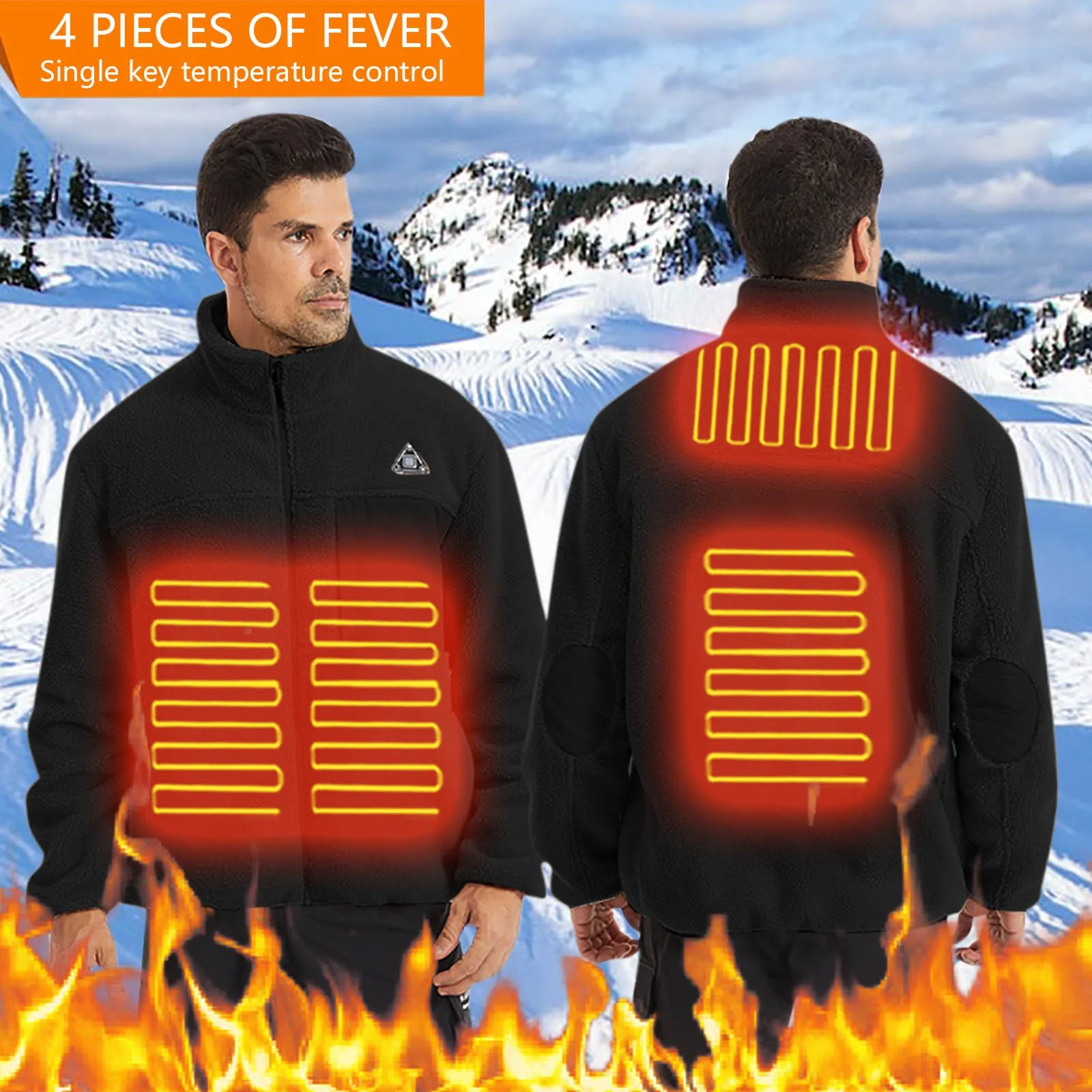 Мужская однотонная теплая флисовая куртка с подогревом и воротником-стойкой на