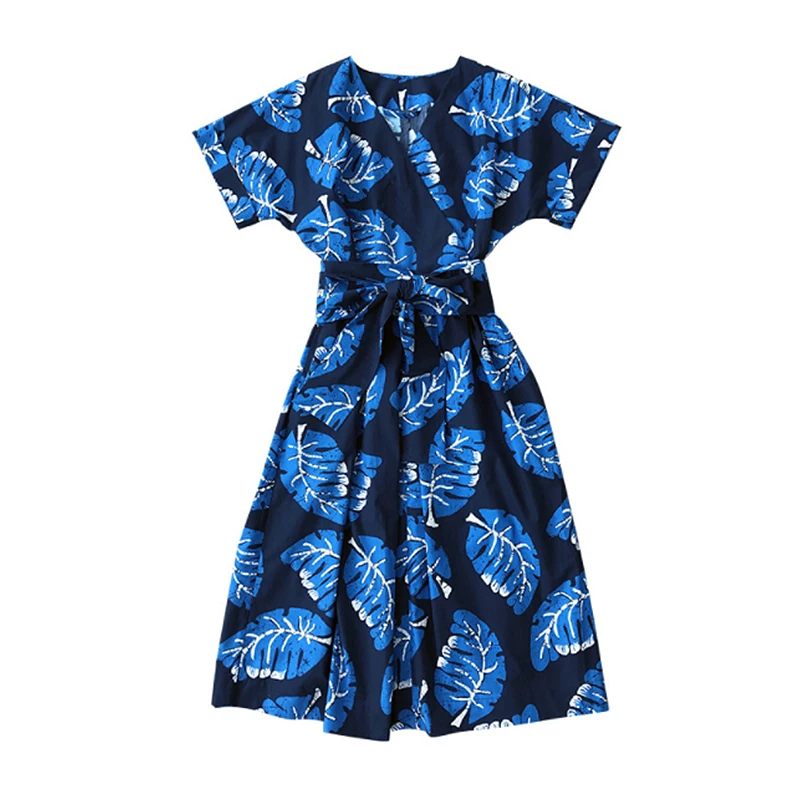 

Dress women 100% cotton leaves printed v neck raglan sleeves sashes a-line casual style dresses ladies new fashion