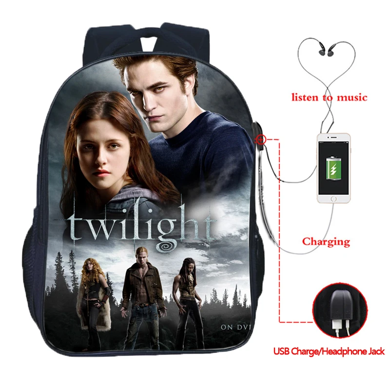 

Hot Twilight Backpack For Boys Girls School Bag BookBag School Gift Mochila Men Bagpack Women Rucksack Teens USB Travel Knapsack