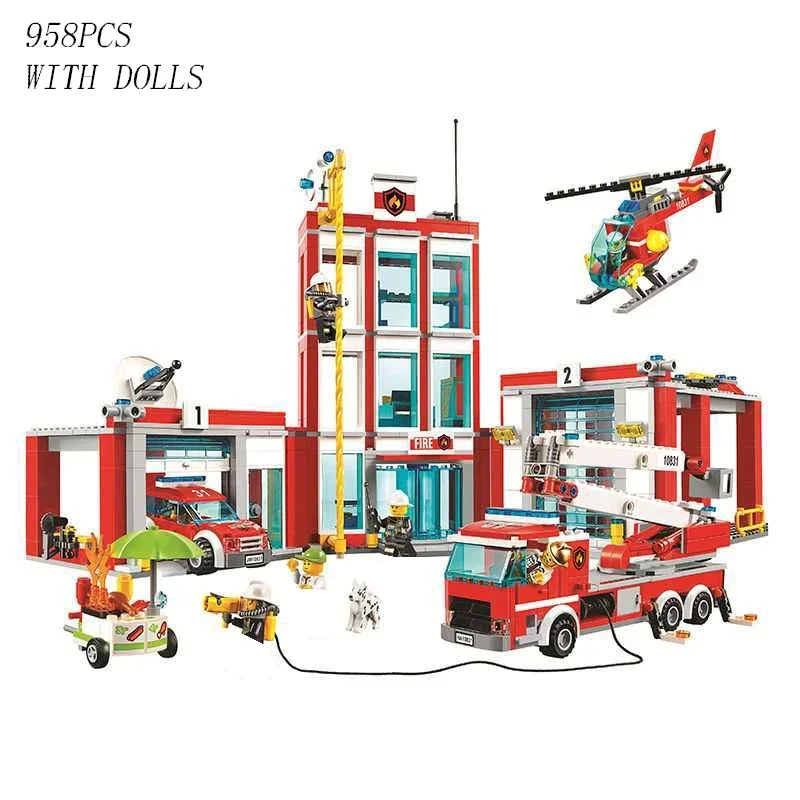 

All Cities Fire Station Model Building Blocks Car Helicopter Construction Firefighter Man Truck Bricks Toys for Child Kid Gift