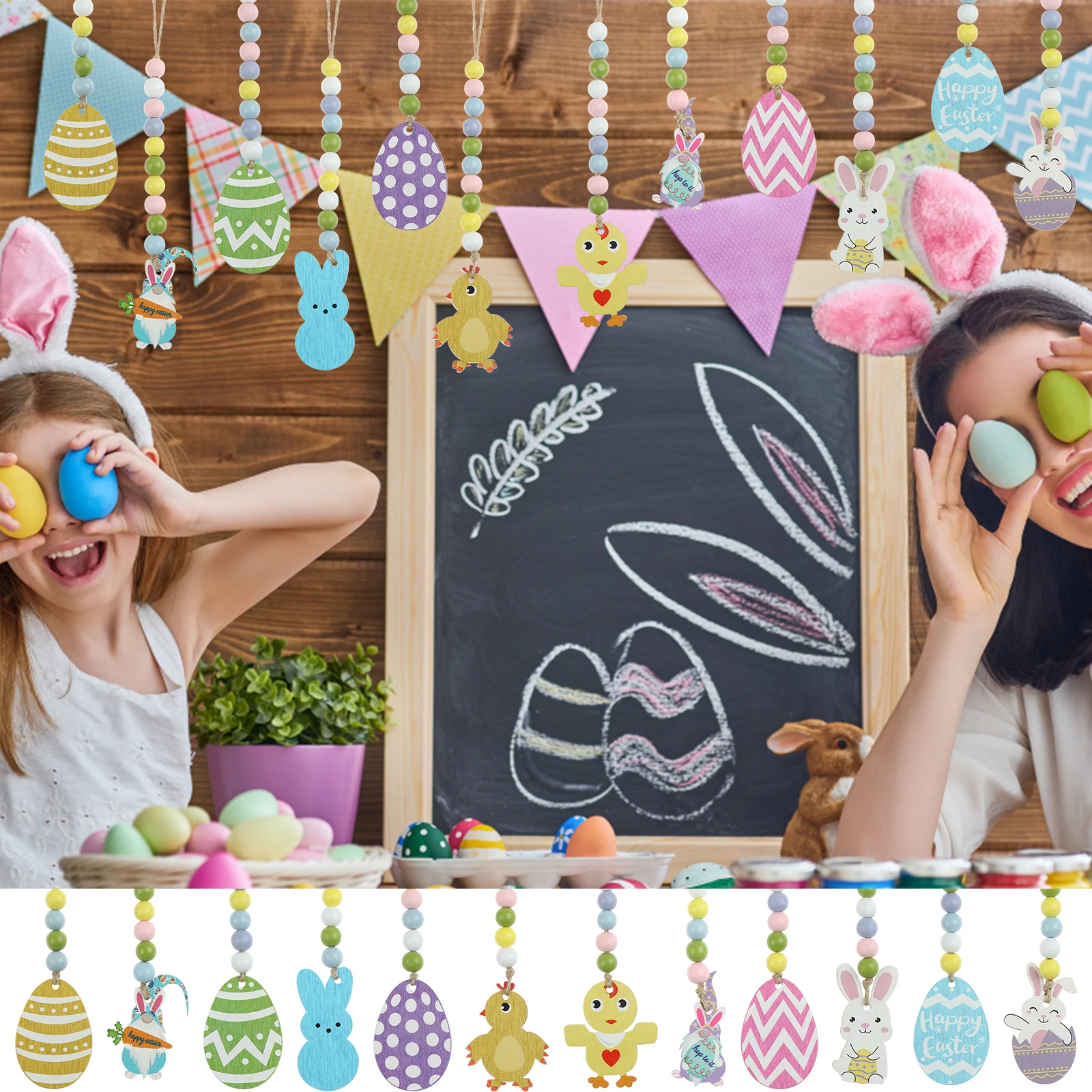 

12Pcs Easter Wood Beads Garland With Tassels Easter Wooden Bead Ornaments Farmho Decoration Marige Décoration Chambre Enfant