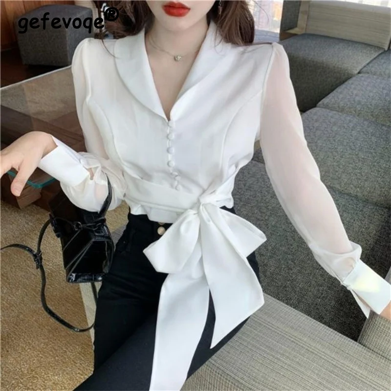 Women Blouse Fashion Elegant 2022 Kong Style V-neck Long Sleeve Bow Belt Chiffon Shirt Office Lady White Slim Top Y2k Streetwear