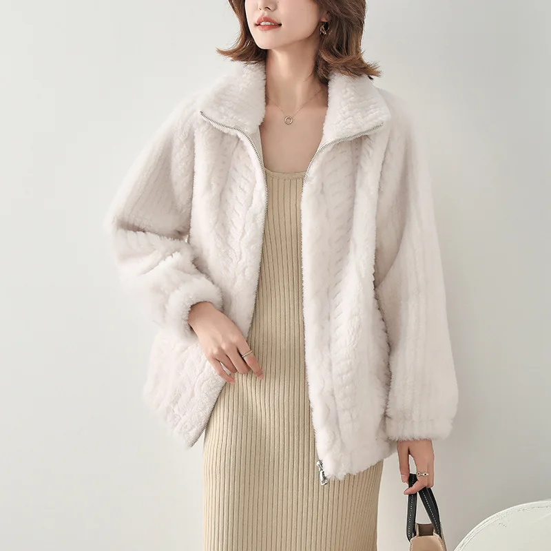 

Green 100% All Wool Sheep Sheared Fur Coat Women's Short Standing Collar Real Wool Lamb Fur and Fur One Piece