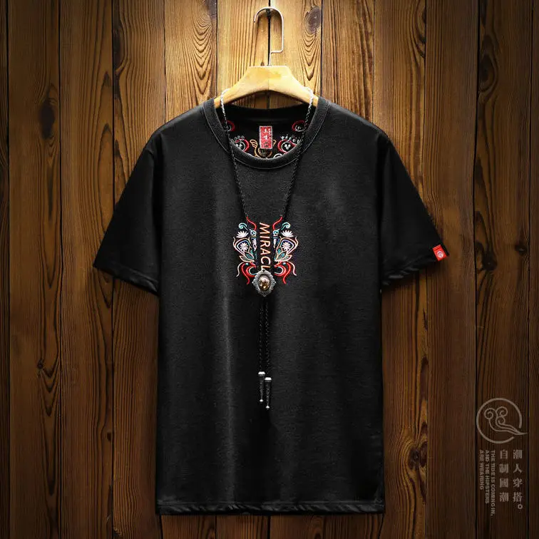 Летняя брендовая футболка с коротким рукавом и вышивкой в китайском стиле |