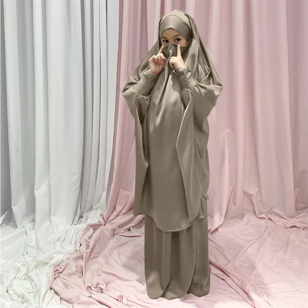 2PCS Muslim Kids Girls Prayer Garment Overhead Khimar Jilbab Eid Hooded Hijab Abaya Scarf Dress Islam Clothing Eid Ramadan Robe
