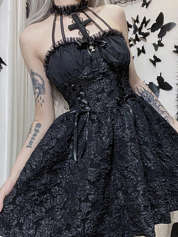 Goth Dark Mall Gothic Emo Jacquard A-line Dresses Elegant Grunge Ruched Bandage Partywear Punk Black Women Halloween Club Dress images - 6