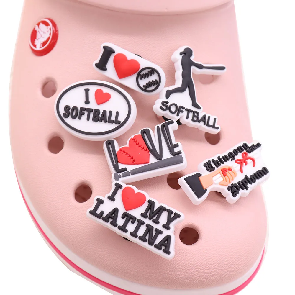 

1-12Pcs Sports I Love Softball Football GYM PVC Shoe Charm Decoration Buckle Clog DIY Wristbands Croc Charms Jibz Kid Party Gift