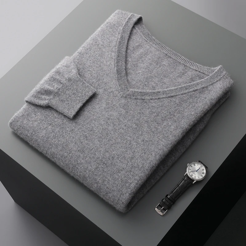 100% pure cashmere sweater men's V-neck pullover spring and autumn new knitted base sweater long sleeve