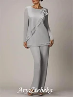 pantsuit jumpsuit mother of the bride dress elegant jewel neck floor length chiffon long sleeve with bows 2022