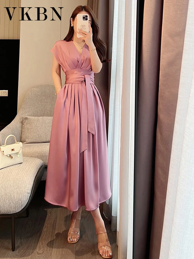 

VKBN Summer Dress Women Pink Raglan Sleeve High Waist V-neck Sashes Party Elegant Vestidos De Fiesta