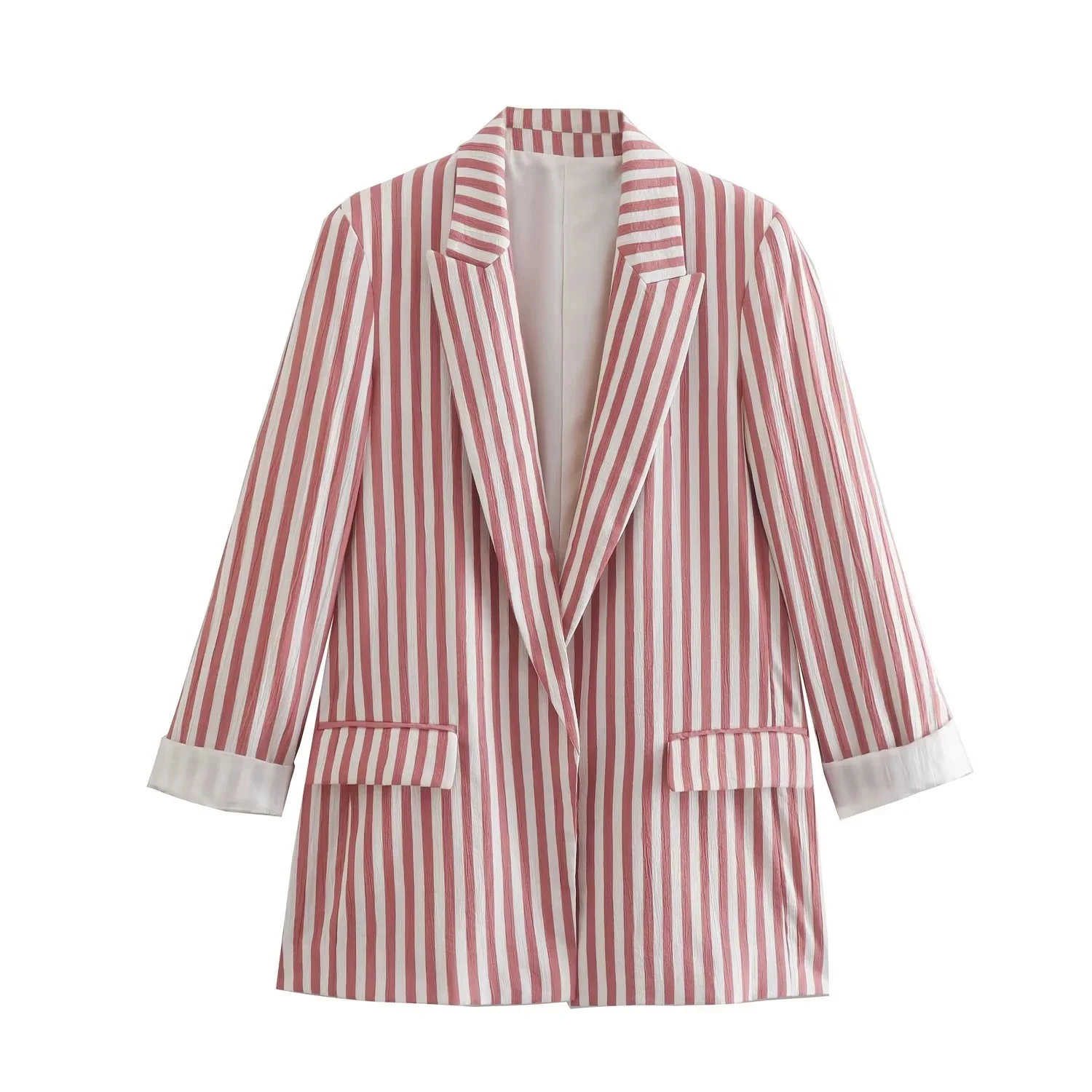 Dave&Di Fashion  Pockets Jacket Striped Loose Roll Up Sleeve Casual Blazers Women Tops