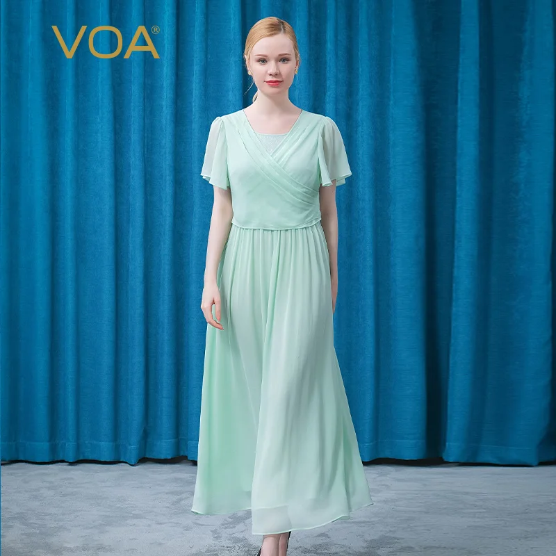 

VOA Double-layer Silk Green O-Neck Summer Women's Dress 2022 Butterfly Sleeve Original Design High Quality Party Dresses AE906