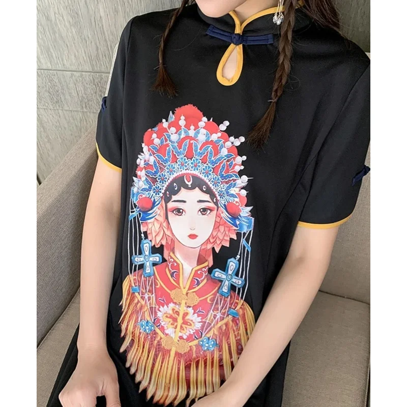 Черное Восточное короткое платье чонсам китайское халат Ципао винтажная Женская