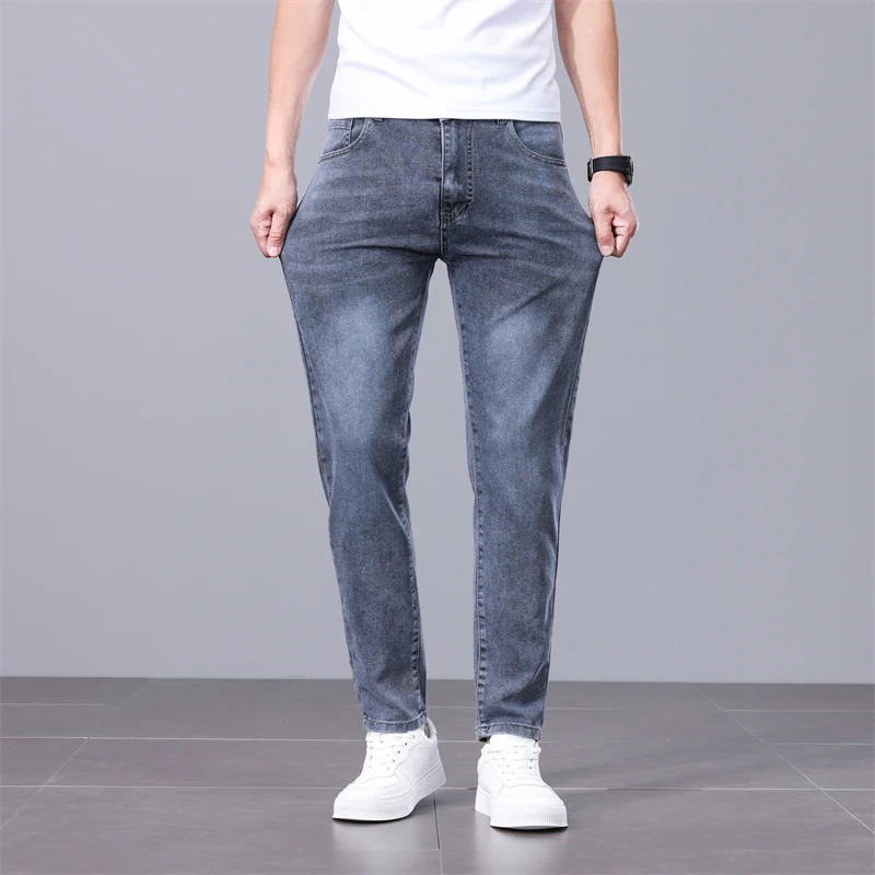 Smoky Grey Sraight Trousers Men's New Jeans Men Elastic Slim Small Straight Trousers Men's Simple Fashion Casual Jeans