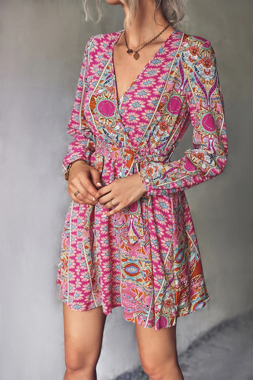 

Новинка осени 2022, женское модное платье с V-образным вырезом и принтом, женское элегантное короткое платье с винтажным принтом и длинными рукавами на шнуровке, Vestidos Mujer