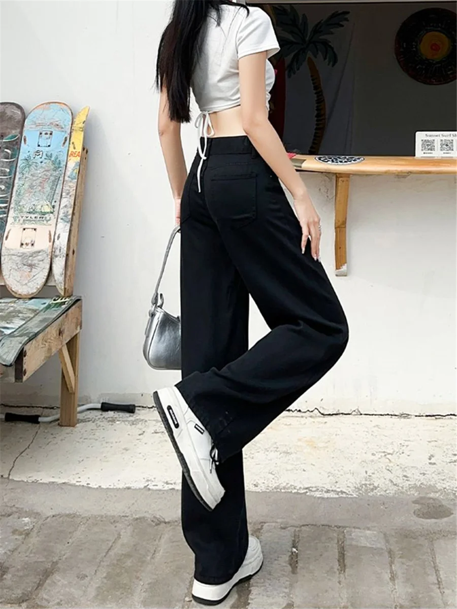 

Винтажные черные прямые технические повседневные женские джинсы, весенние офисные женские свободные универсальные облегающие потертые джинсовые брюки с высокой талией