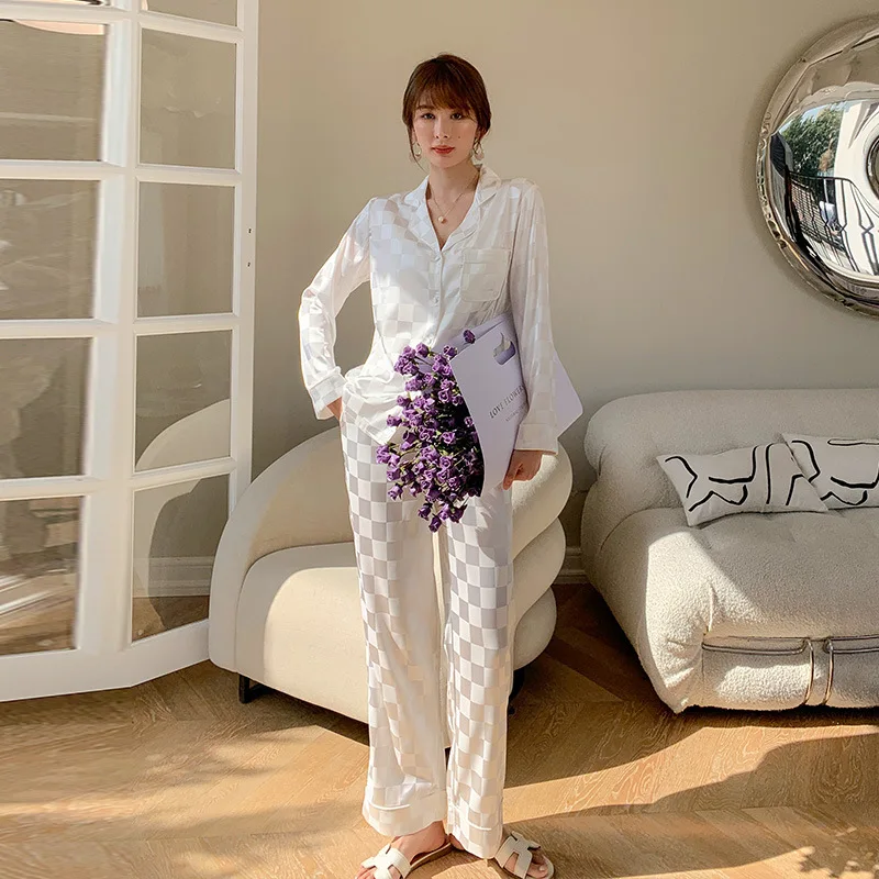 High-end Celebrity Silk Pajamas Women's Sleepwear Silk Pyjamas Set Button Down Plaid Satin Pajama Set Ladies Lounge Homewear