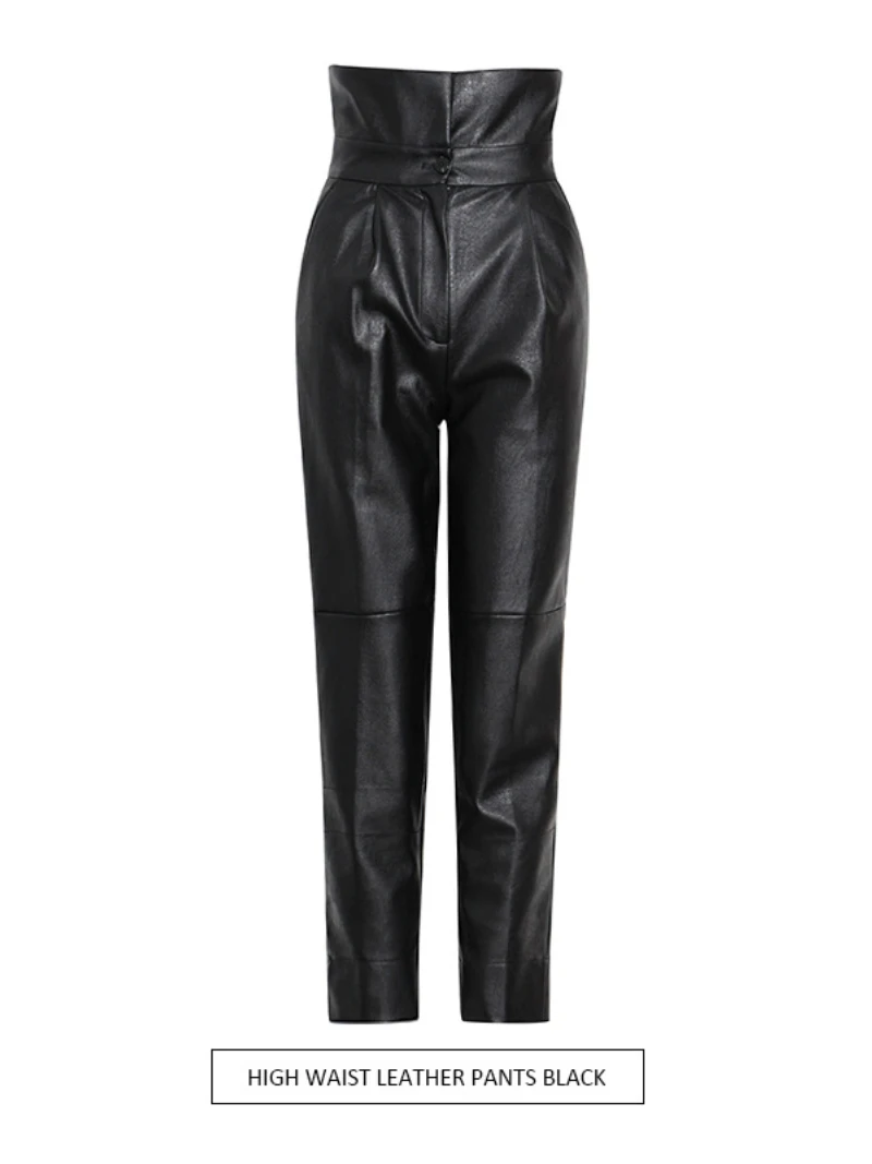 Women High-waisted Slim PU Pants with Slits Slits Casual Loose Pants