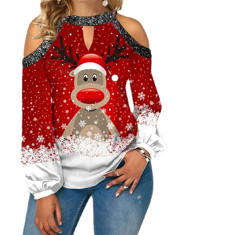 

New 2022 Women Christmas Elk Print T Shirt Sexy Off Shoulder Loose Pullover Tops Fashion Long Puff Sleeve Lady Winter Clothes