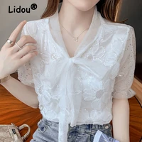 bow mesh stitching white shirt 2022 spring summer short sleeve shirt for female korean style elegant casual shirt for female