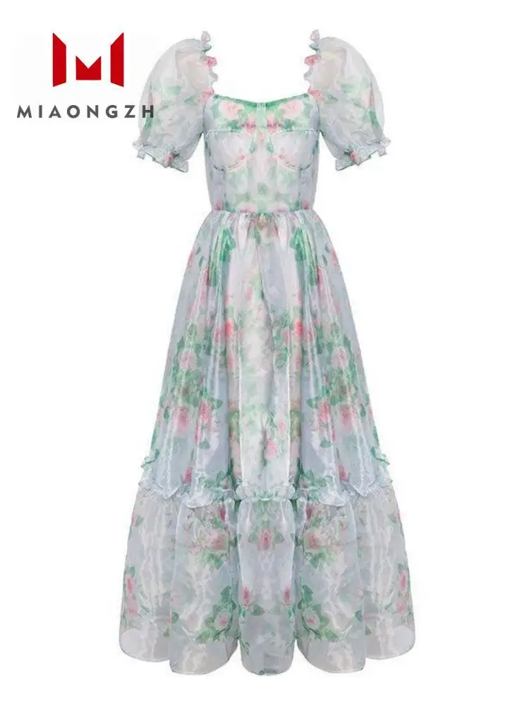 

Женское винтажное длинное платье с цветочным рисунком, с коротким рукавом и высокой талией