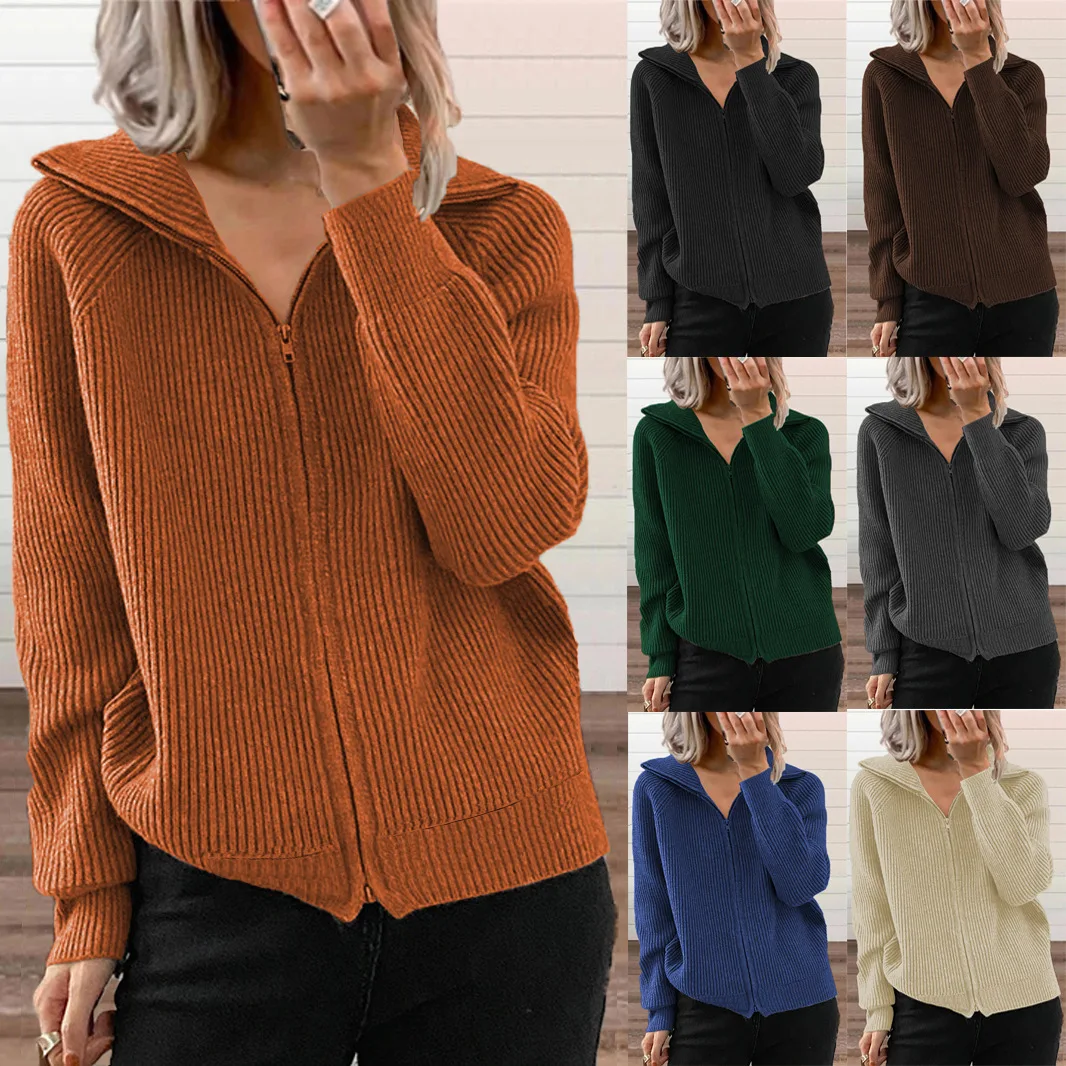 Купи 2023 New Stripe Casual Coat Loose Knit Zipper Cardigan Long Sleeve Polo Sweater Women за 372 рублей в магазине AliExpress