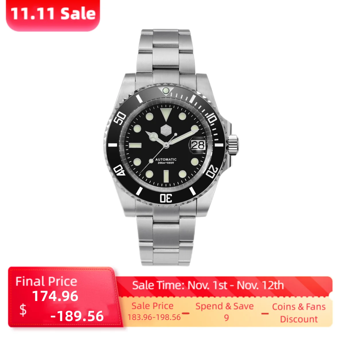 Купить Часы San Martin Мужские механические Автоматические, роскошные Светящиеся в темноте, с сапфировым стеклом, 20 бар