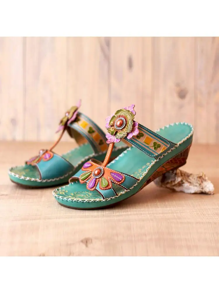 

Summer sandals women 2023 Ethnic Genuine Leather Slip-On 5.5CM Peep Toe Mixed Colors Flower Casual women shoes green 36-42