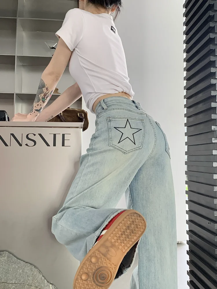 HOUZHOU Women Jeans Vintage Gyaru Star Girl Y2k Baggy Denim Trousers Korean Streetwear Acubi Fashion Casual Blue Wide Leg Jeans