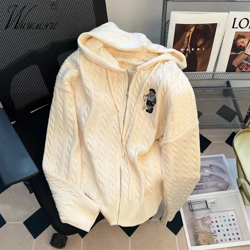 

Casual Zipper Loose Sweater Jackets Women Vintage Hooded Knitted Cardigan Soft Long Sleeve Tops Spring Fall Cartoon Knitwears
