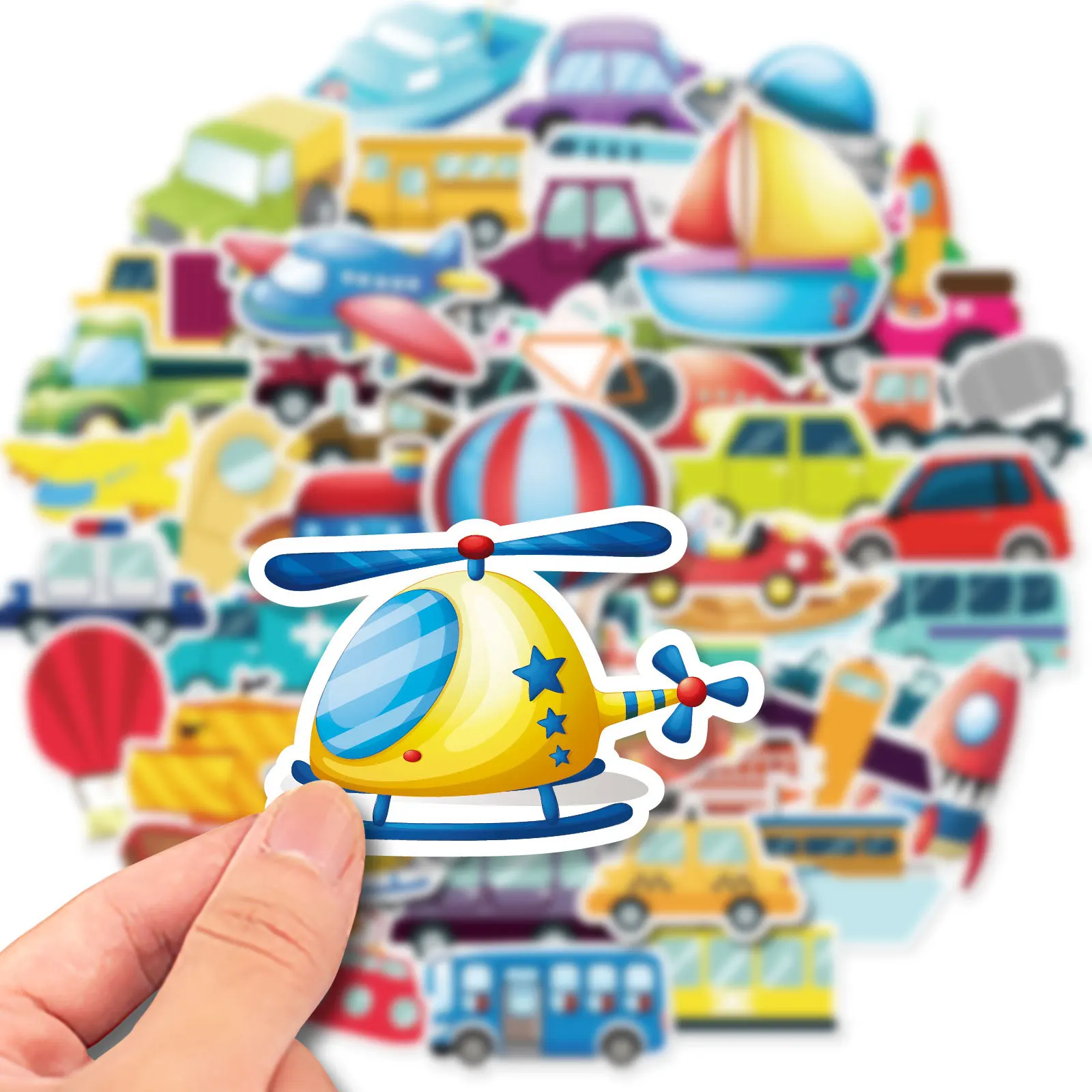 

50Sheets/Pack Cartoon Vehicle Series Stickers Cute Puzzle Vehicle Car Aircraft Ship Hot Air Balloon Stickers Notebook Desk Decro