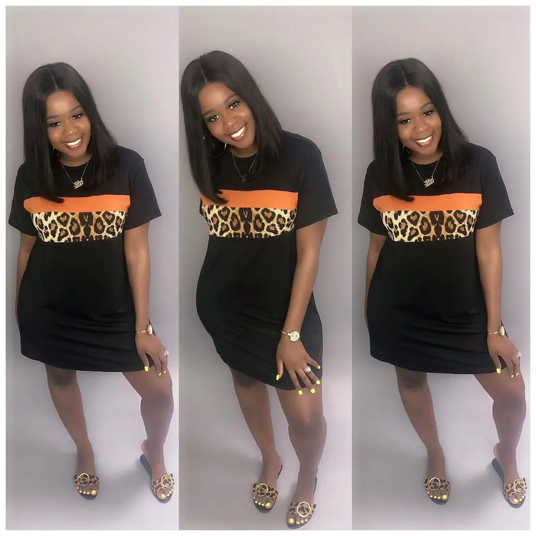 

SKMY Women Clothing Leopard Print Patchwork Short Sleeve Dress Round Neck Fashion Black Mini Dress Party 2022 Summer New