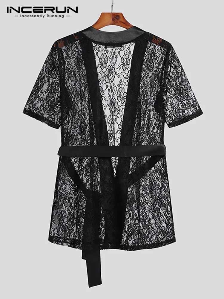 Fahsion Casual Robes INCERUN New Men Mesh Robes Lace See-through Short Sleeve Sexy Bathrobes Belt Male Nightgown Homewear S-5XL