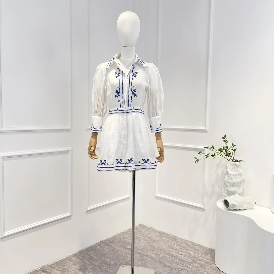 

2023 Latest High Quality Spring Summer White Embroidery Long Sleeve Wide Leg Casual Playsuits for Fashion Women