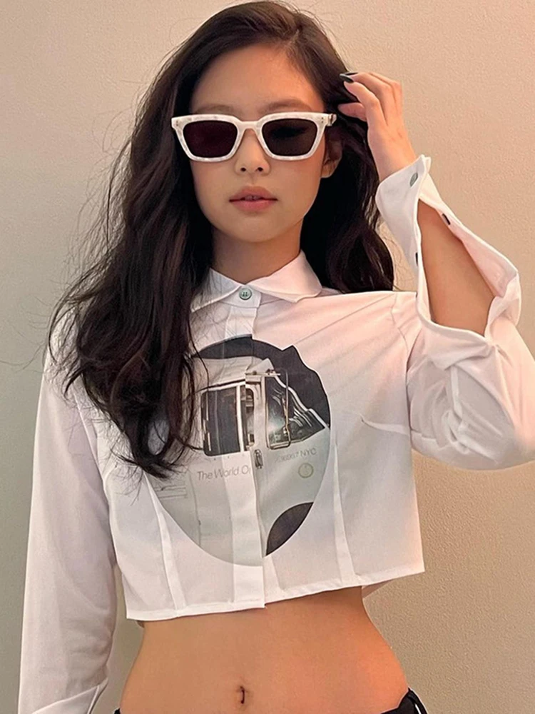 

Женская винтажная Укороченная рубашка Sifreyr, белая Повседневная рубашка с длинным рукавом и отложным воротником, на пуговицах, Y2K