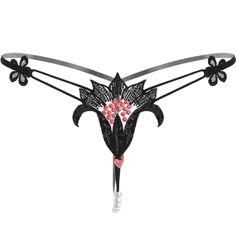 

Hot Sale Embroidery Flower Pearl Massage Panties Women's Sexy Lingerie Thongs Open Crotch Underwear Panty T-Back