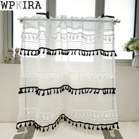 white black fringed short curtains for kitchen stripe sheer finished drape coffee bay window partition blinds 263d