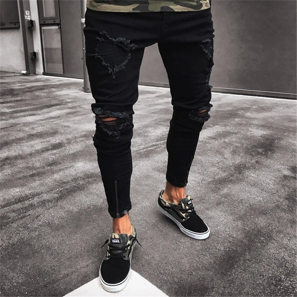 

Мужские модные дизайнерские черные джинсы, Размеры S/3XL, обтягивающие рваные Стрейчевые облегающие брюки в стиле хип-хоп с дырками для мужчи...