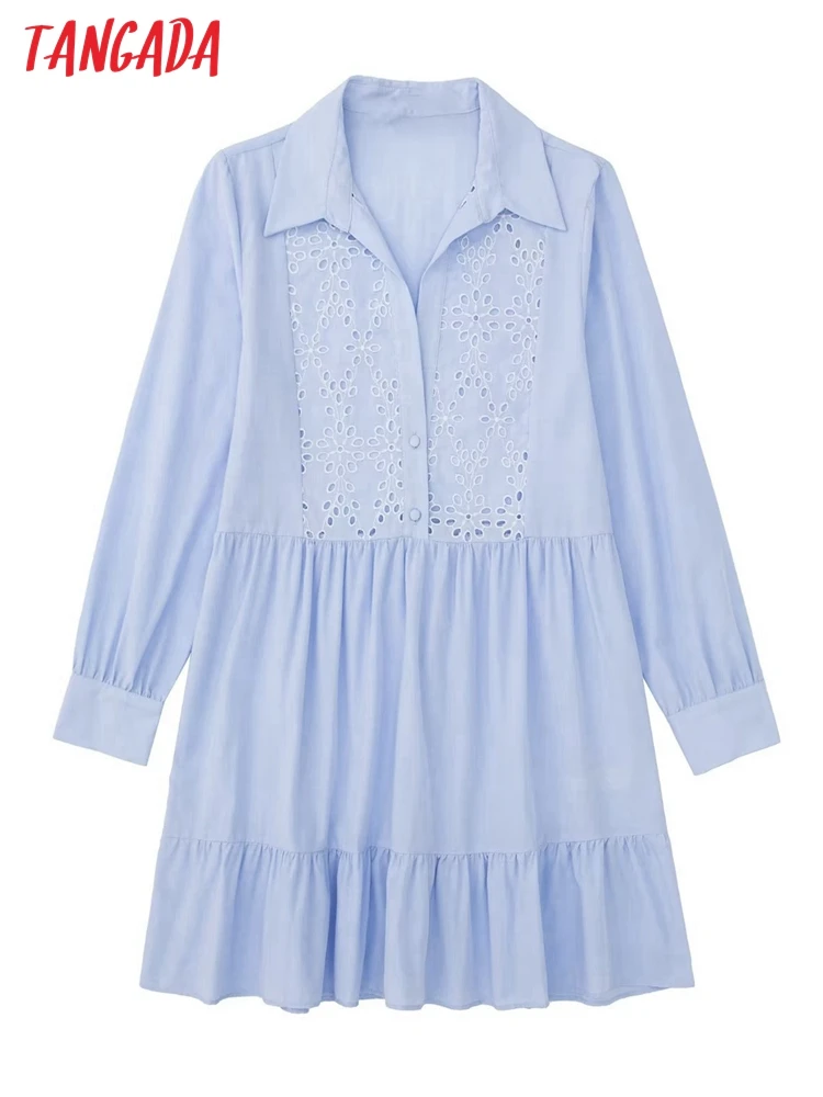 

Tangada Women Fashion Cotton Embroidered Panelled Mini Dress Vintage Long Sleeve Buttons Female Shirt Dresses 3H678