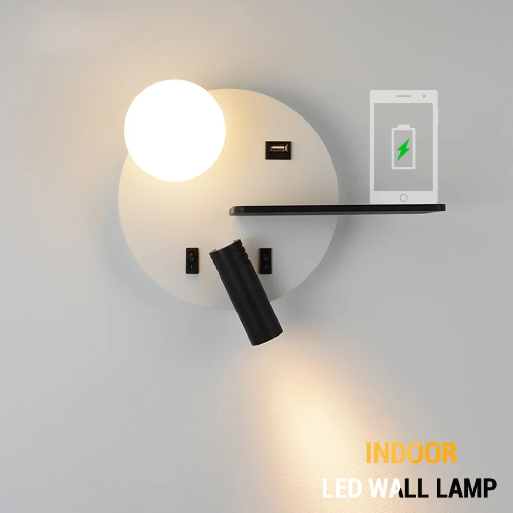 

LED wall Light with switch Bedroom indoor lighting bedside Wall lamp with USB LED Reading Crystal ball wall Sconce luminaria