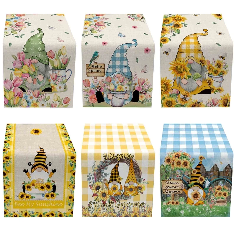 

D0AD Sunflower Gnome Cotton Linen Table Runner Table Cloth Desktop Decor for Spring Easter Farmhouse Kitchen Dining Tabletop
