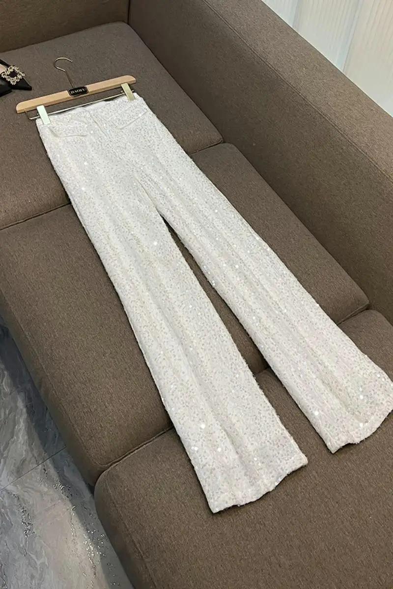 

Модный дизайн, уличная одежда с блестками, женские стильные брюки с высокой талией, женские прямые свободные однотонные брюки