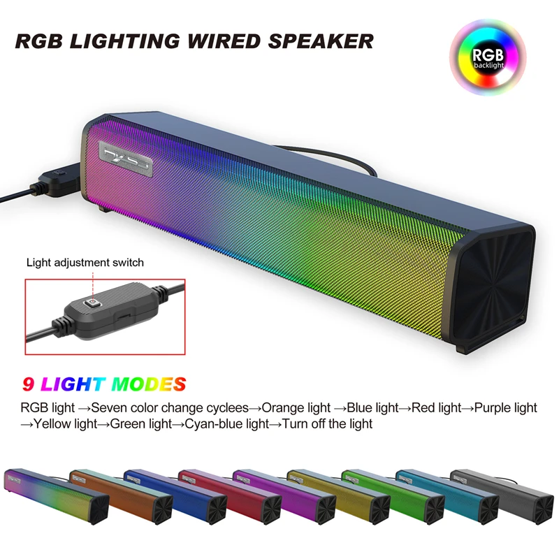 Q9 RGB Light Wired Soundbar Column Speaker 9 Kinds Of Lights Can Be Adjusted Long Sound Bar Computer TV Game Speakers 3.5mm Plug |