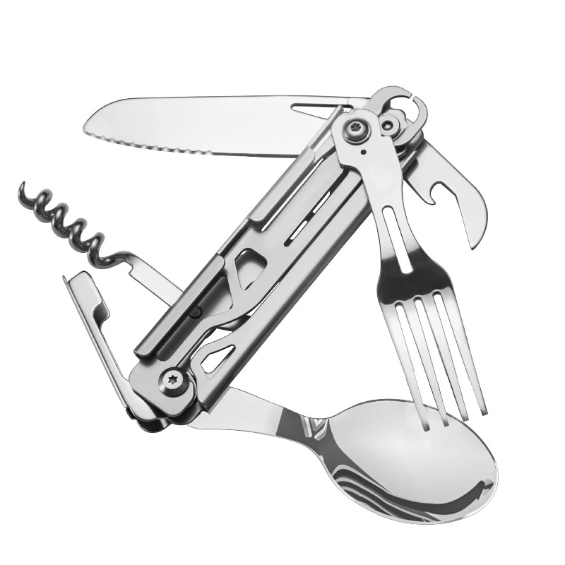 

420 Stainless Steel Pocket Knife Multi-tool Portable Fork Spoon Outdoor Survival Camping Folding Knife Detachable Hand Tools