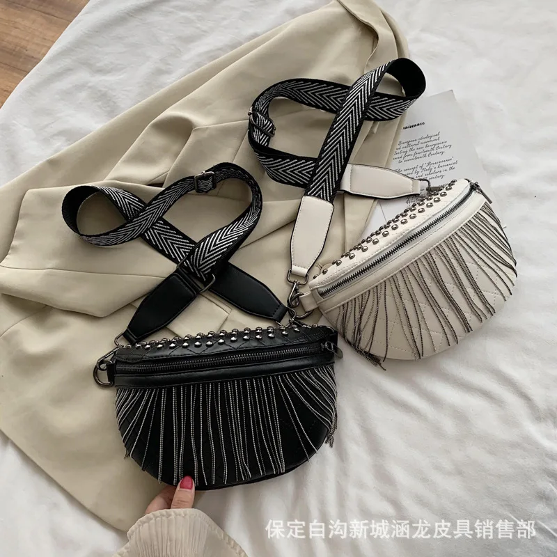 Korean Style Chest Bags For Ladies Trendy Fashion Wide Strap Crossbody Messenger Waist Bag Texture Rivet Tassel Ladies Chest Pac
