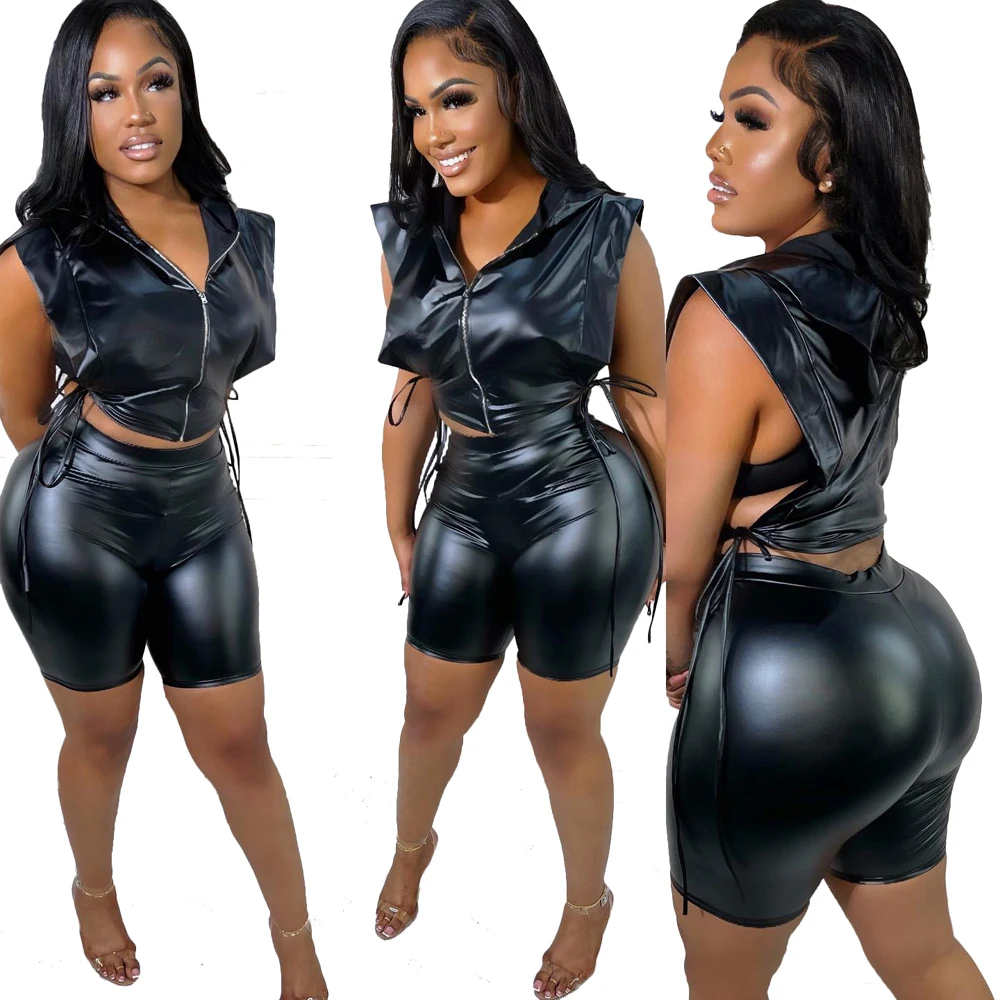 Women Lace Up Zipper Black Hooded Pu Leather Two Piece Skinny Shorts Sexy Curvy 2pc Sets for Women 2023 Night Club Wear Outfits