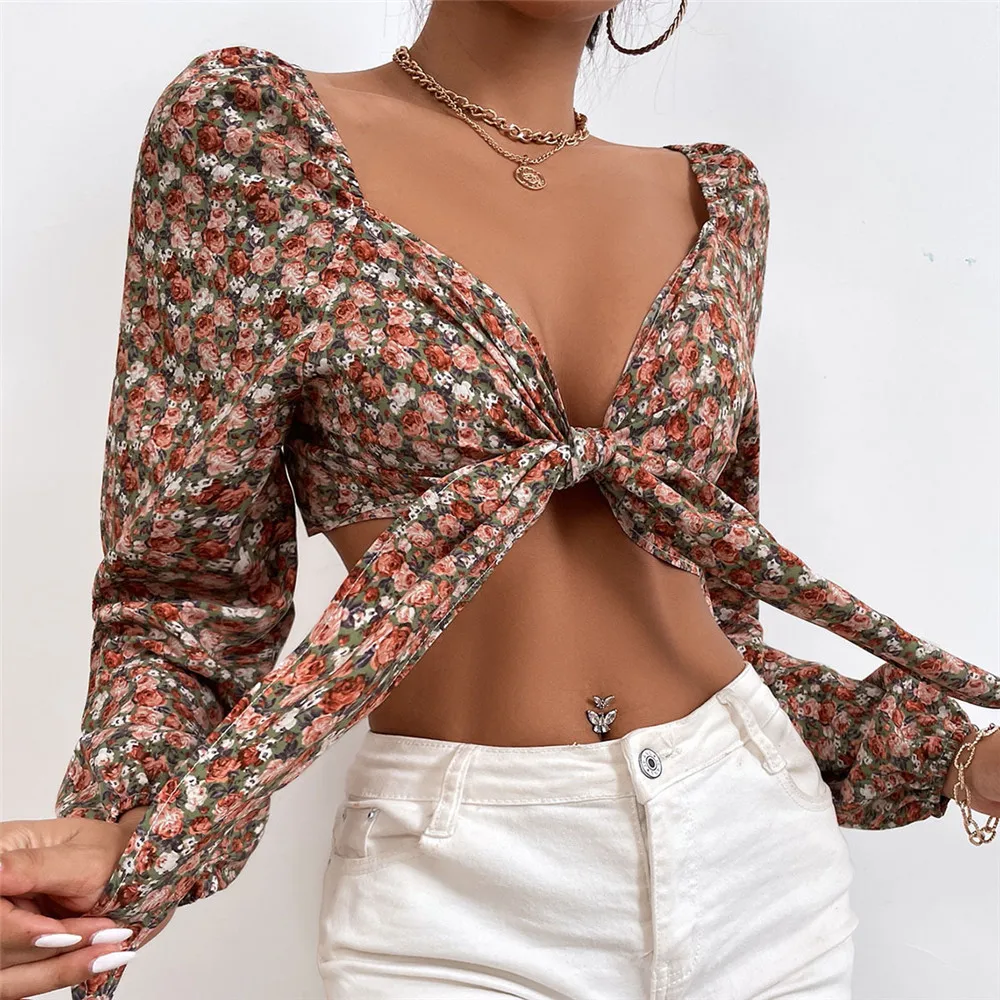 

Floral Blouse Women Sexy Lace-Up Tops 2022 New Shirt Summer Spring New Street Fashion Y2K Ladies Tops Western Style
