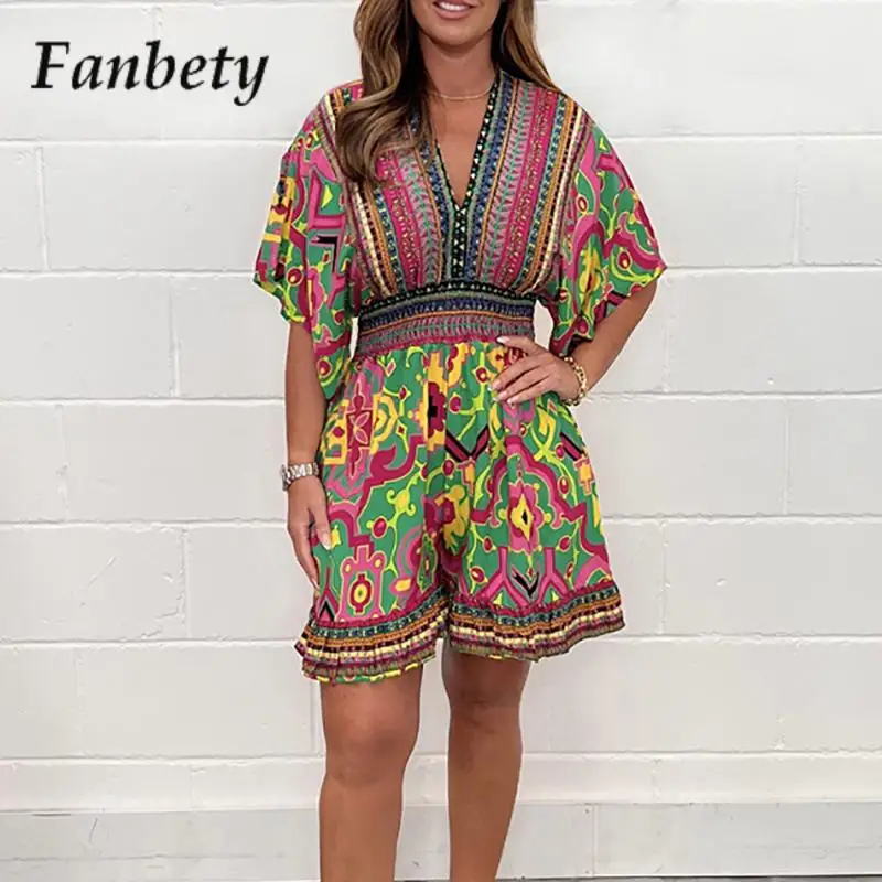 

Женский элегантный комбинезон-трапеция с принтом, летний модный короткий комбинезон с V-образным вырезом и высокой талией, повседневный комбинезон с коротким рукавом, комбинезон