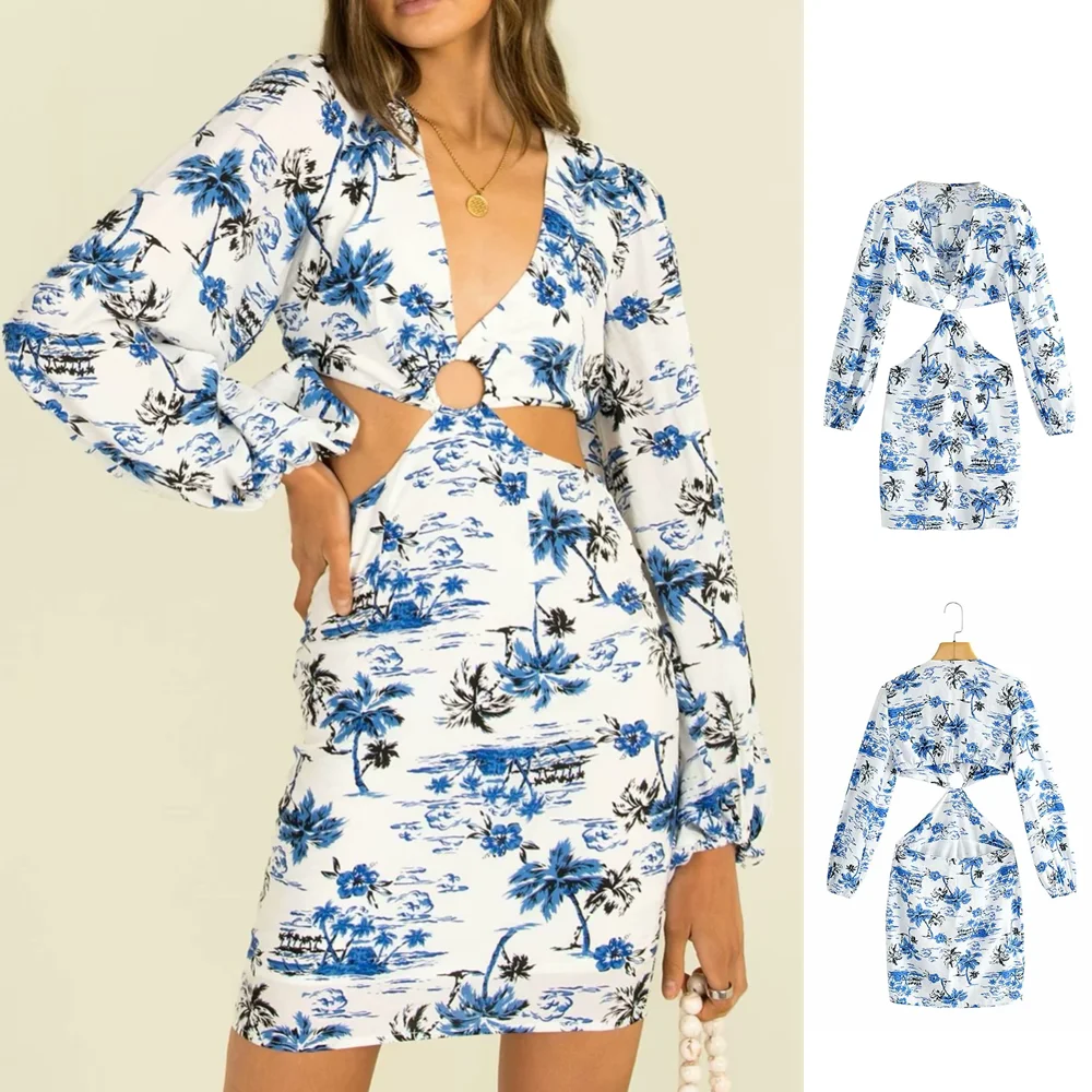 

UNIZERA 2023 Summer New Women's Fashion European and American Style French Small V-neck Off waist Design Feel Printed Bubble Sle
