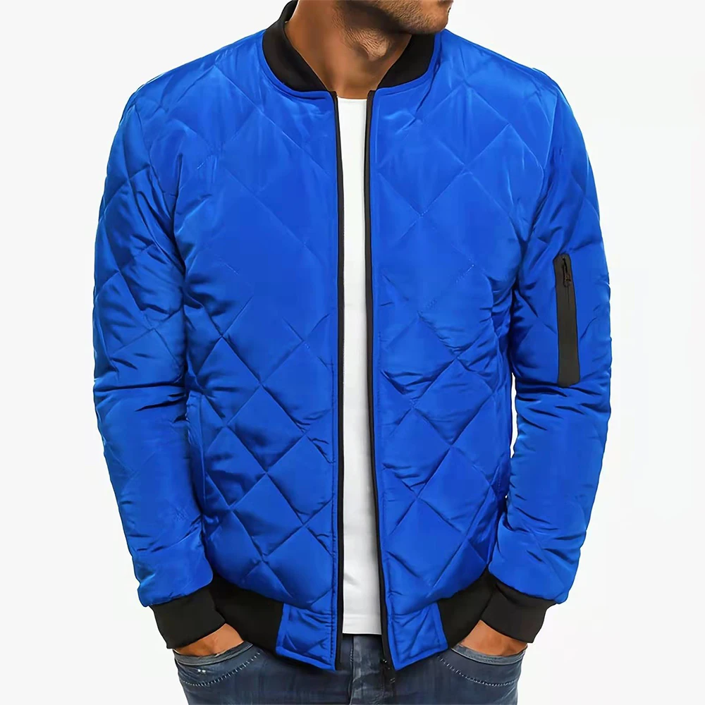 2022 Winter New Men'S Jacket Fashion Stand Collar Plaid Jacket Men'S High Quality Short Waist Warm Cotton Coat Classic Solid Col